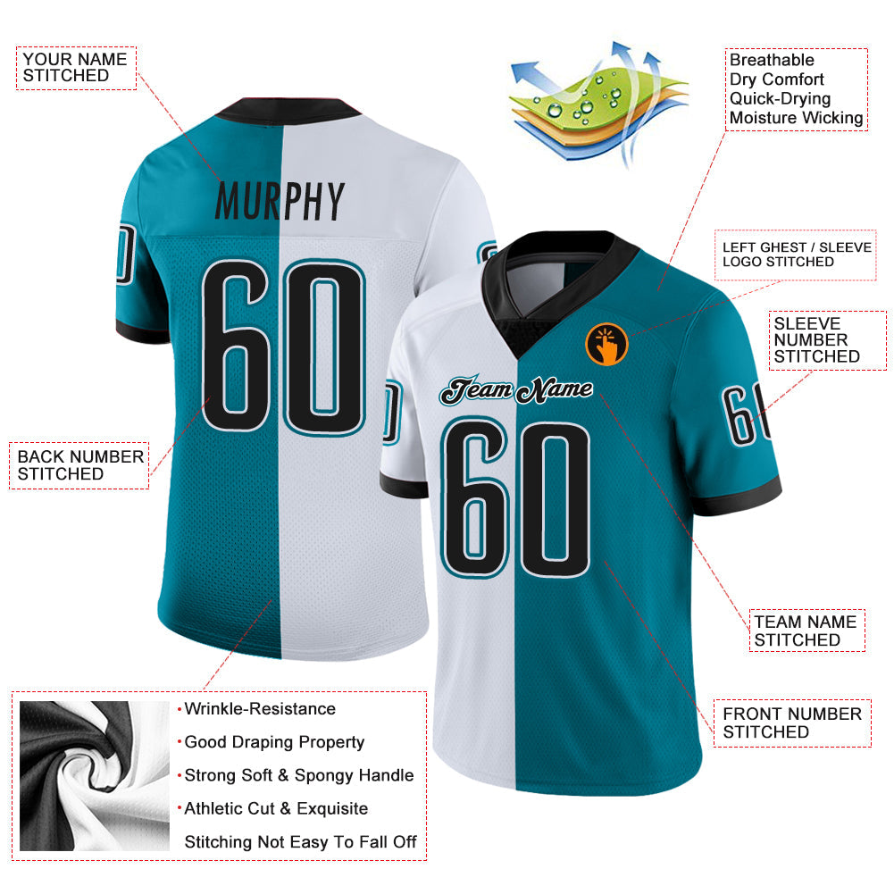 Custom Teal Black-White Mesh Split Fashion Football Jersey Limited
