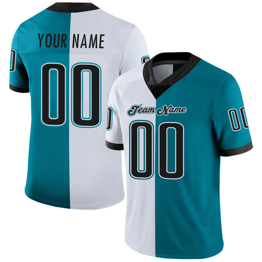 Custom Teal Black-White Mesh Split Fashion Football Jersey Limited