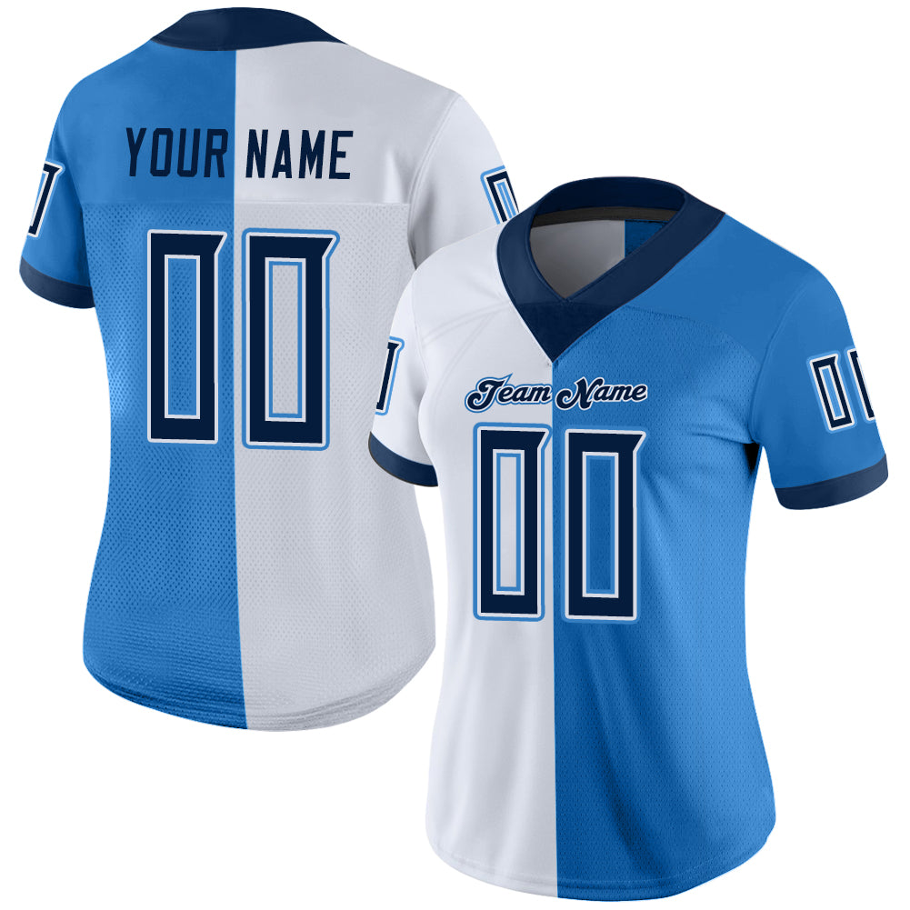 Custom Powder Blue Navy-White Mesh Split Fashion Football Jersey Limited