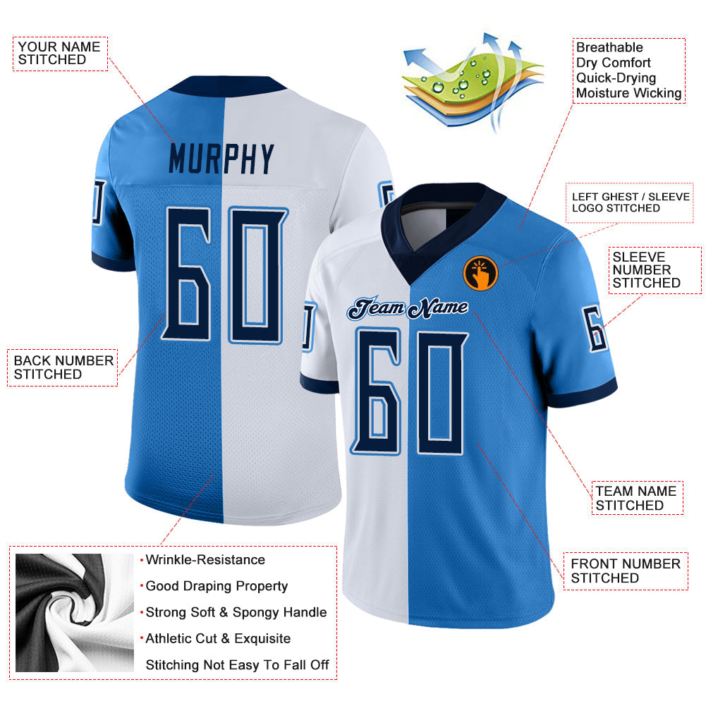 Custom Powder Blue Navy-White Mesh Split Fashion Football Jersey Limited