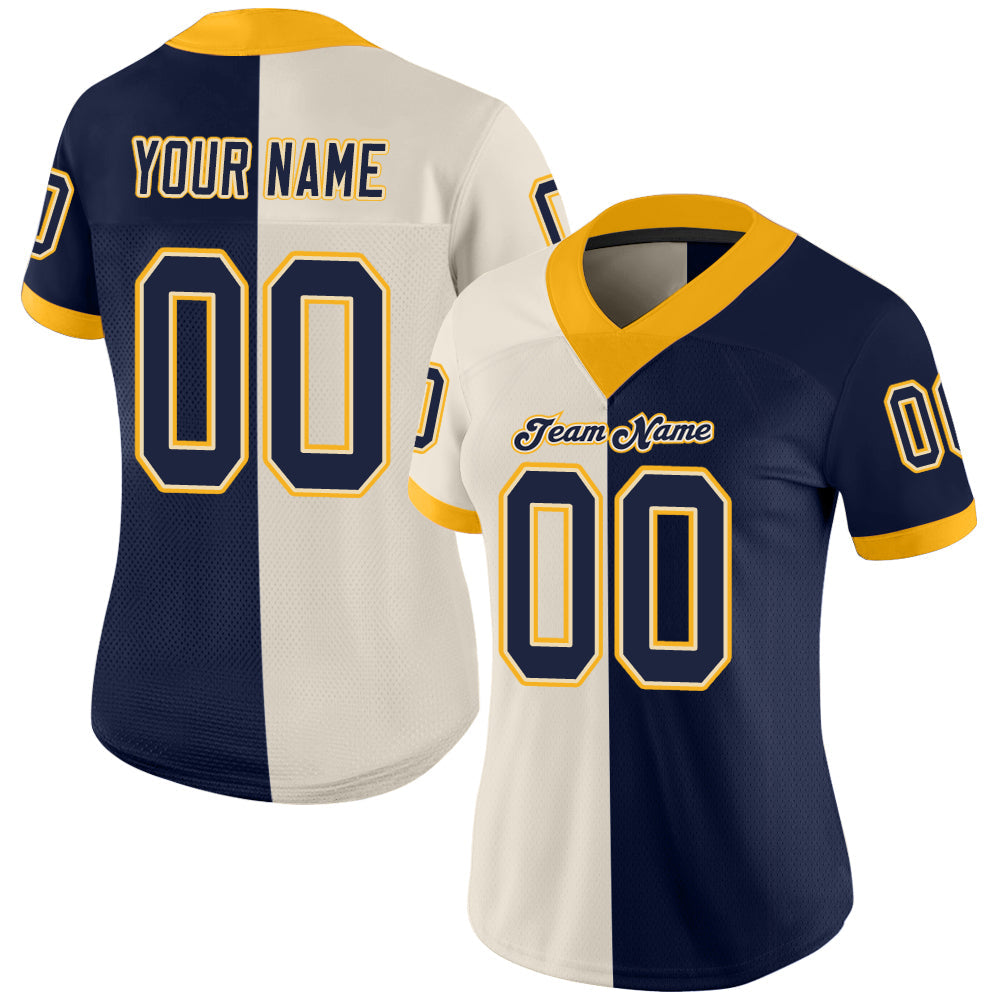 Custom Cream Navy-Gold Mesh Split Fashion Football Jersey Limited