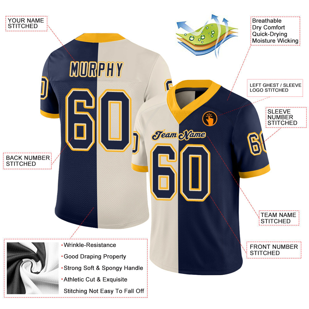 Custom Cream Navy-Gold Mesh Split Fashion Football Jersey Limited