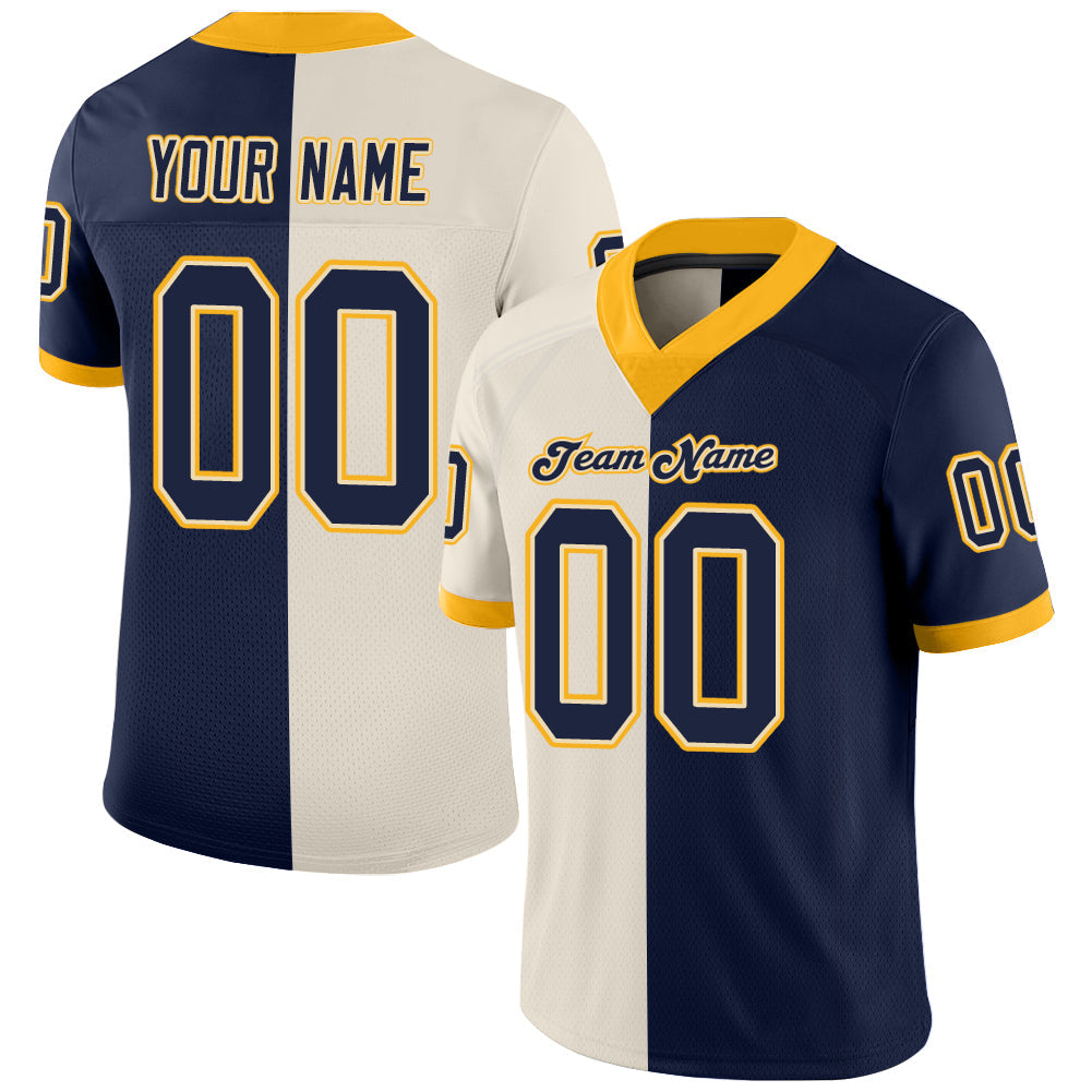 Custom Cream Navy-Gold Mesh Split Fashion Football Jersey Limited
