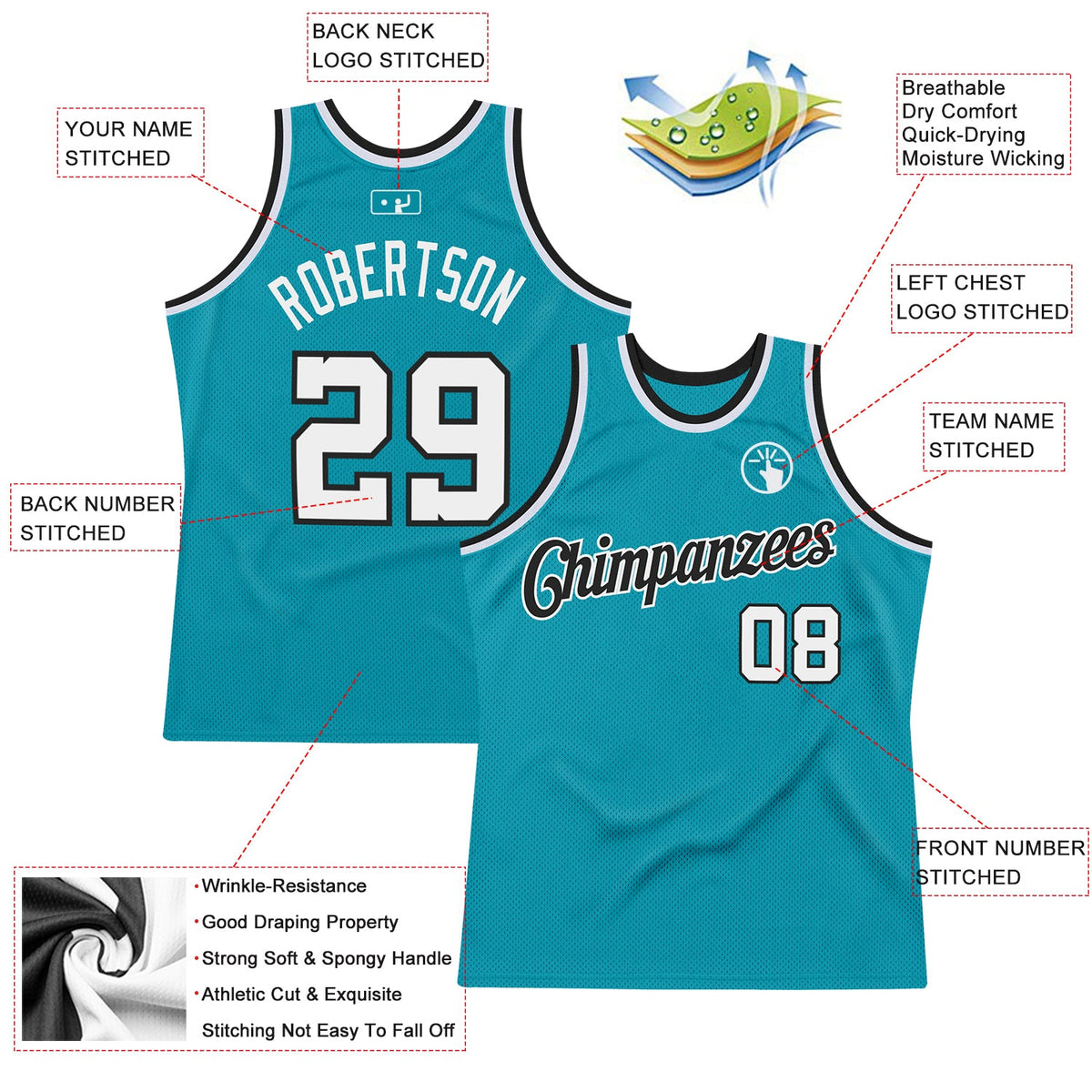 Custom Teal White-Black Authentic Throwback Basketball Jersey Limited