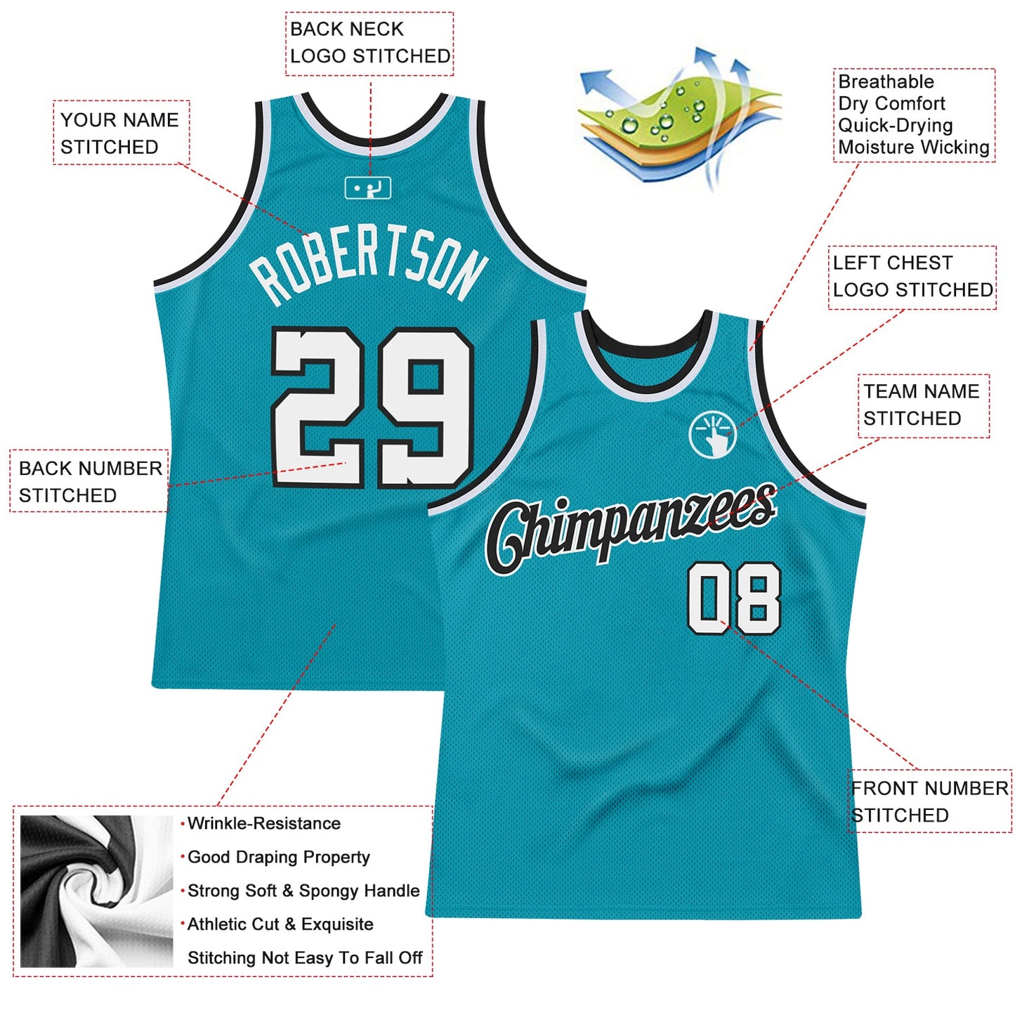 Custom Teal White-Black Authentic Throwback Basketball Jersey Limited