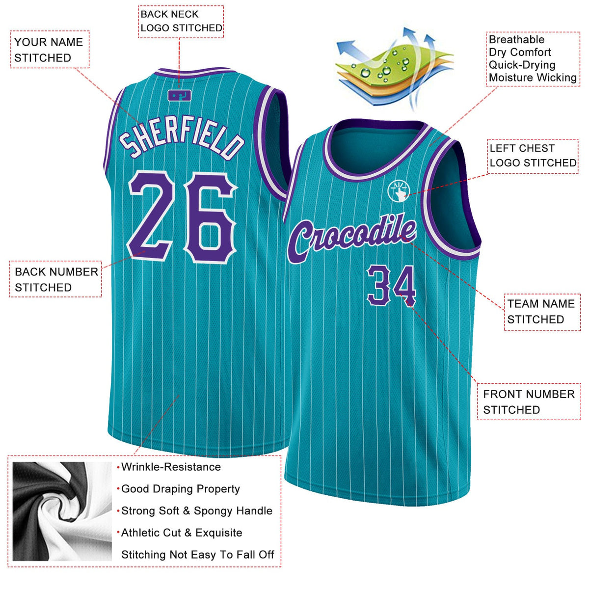 Custom Teal White Pinstripe Purple-White Authentic Basketball Jersey Limited