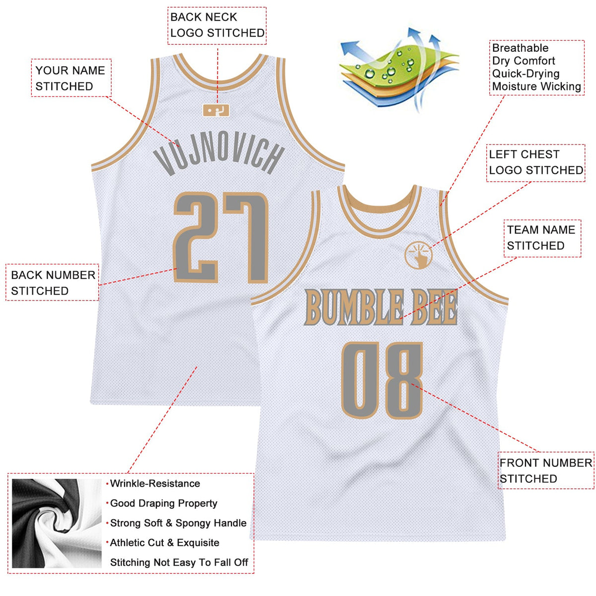 Custom White Steel Gray-Old Gold Authentic Throwback Basketball Jersey Limited