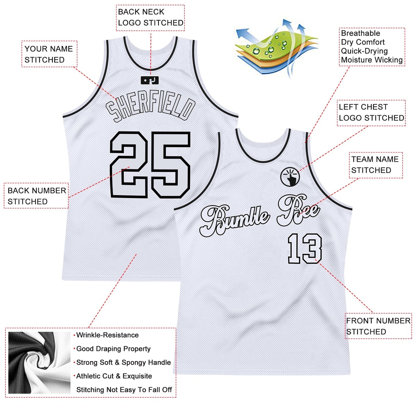 Custom White White-Black Authentic Throwback Basketball Jersey Limited
