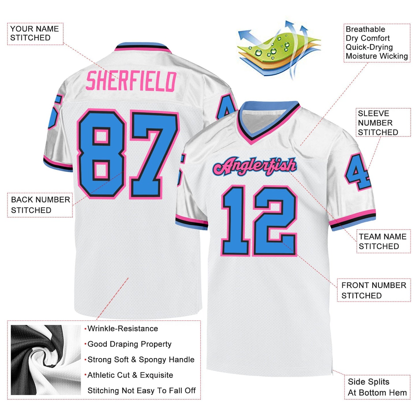 Custom White Powder Blue-Pink Mesh Authentic Throwback Football Jersey Limited