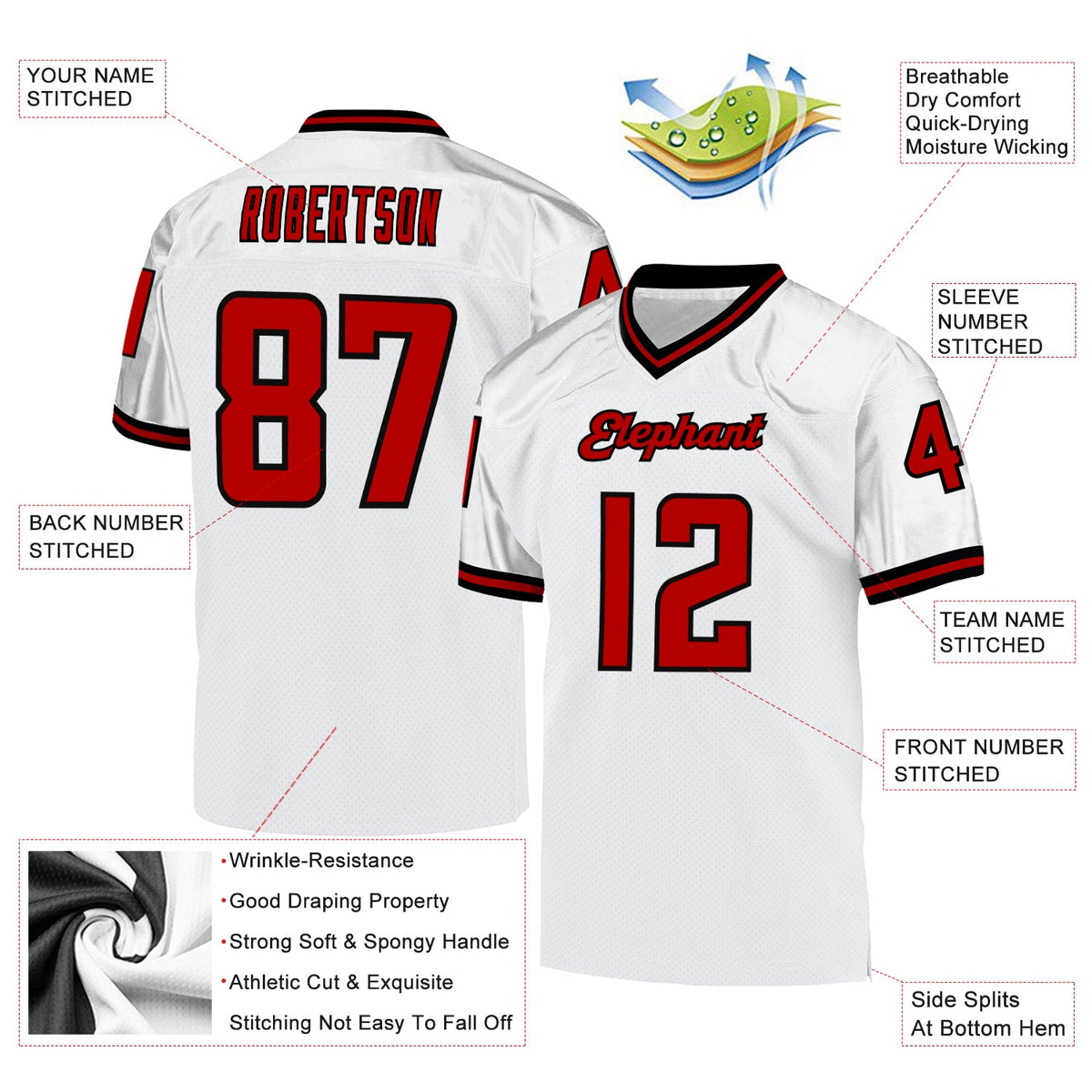 Custom White Red-Black Mesh Authentic Throwback Football Jersey Limited