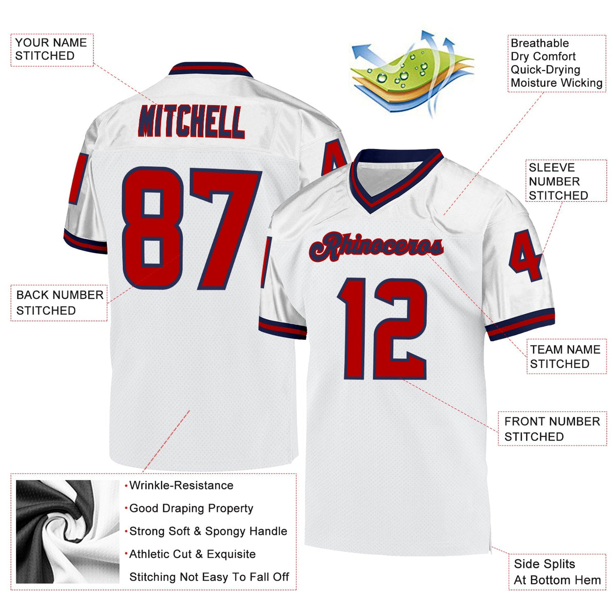 Custom White Red-Navy Mesh Authentic Throwback Football Jersey Limited