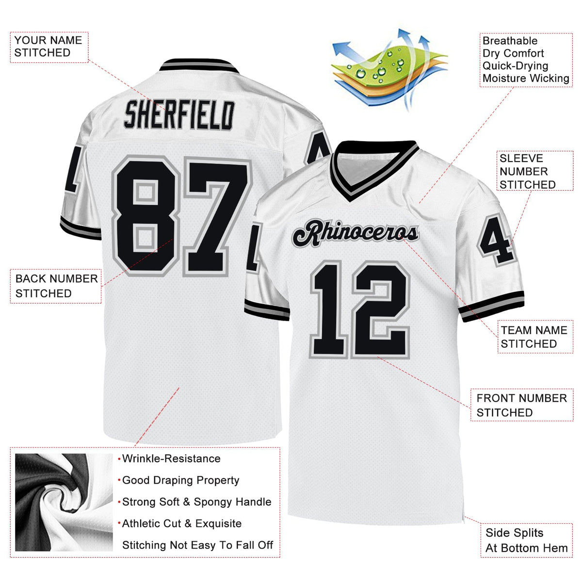 Custom White Black-Gray Mesh Authentic Throwback Football Jersey Limited