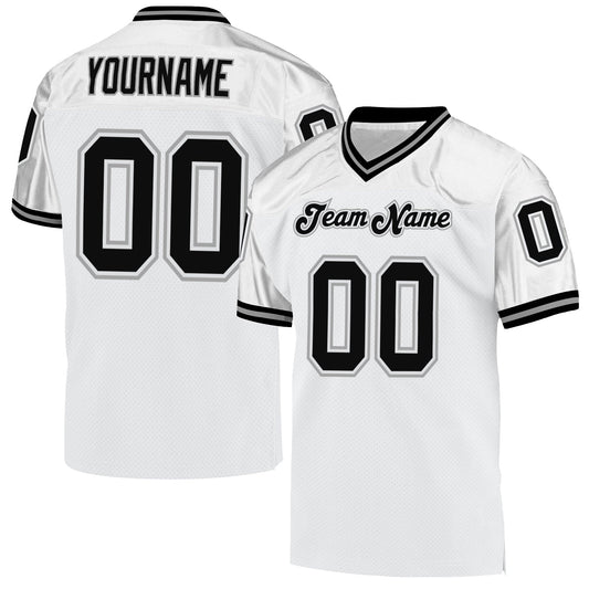 Custom White Black-Gray Mesh Authentic Throwback Football Jersey Limited