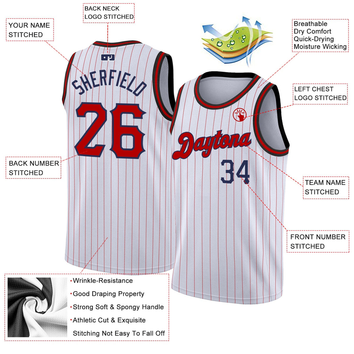 Custom White Navy Pinstripe Red-Navy Authentic Basketball Jersey Limited