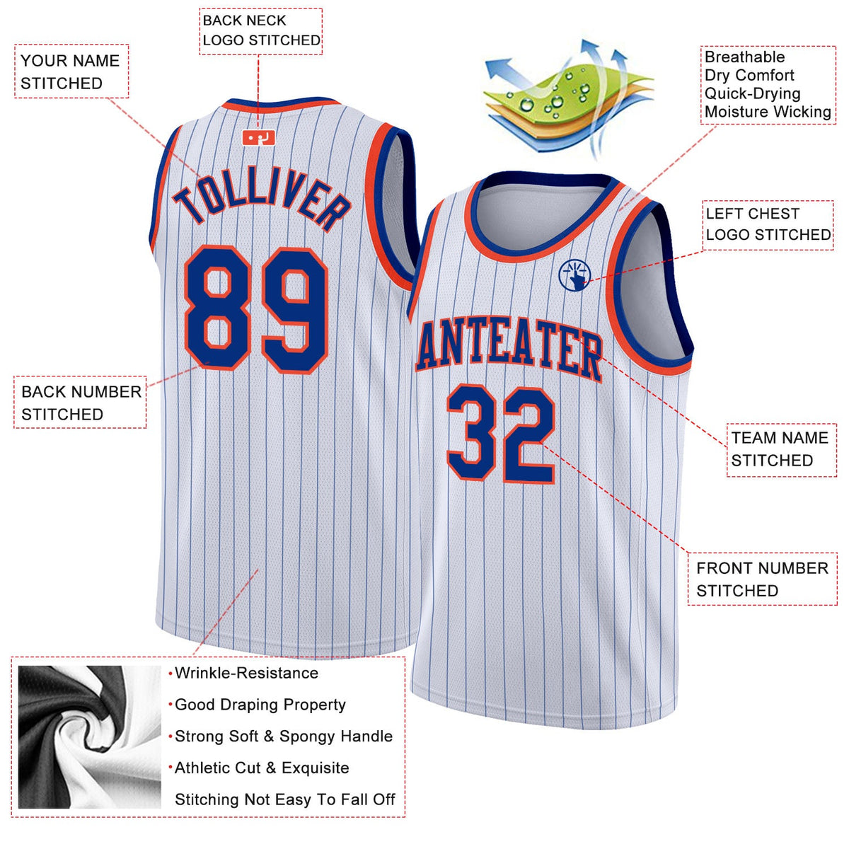 Custom White Royal Pinstripe Royal-Orange Authentic Basketball Jersey Limited