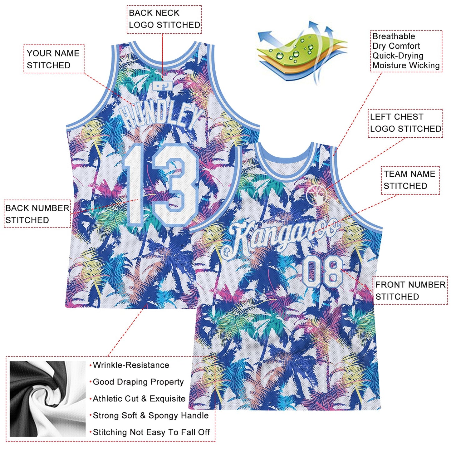 Custom White White-Light Blue 3D Pattern Hawaii Palm Trees Authentic Basketball Jersey Limited